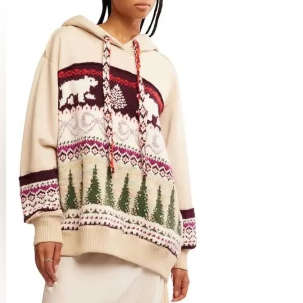 NWT Free People Lutz Oversized Hoodie Sweater Bear Fair Isle Holiday Medium